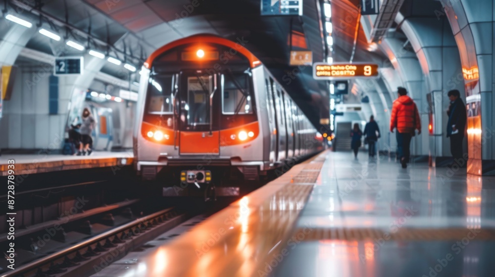 Poster a modern subway train entering a station with commuters waiting on the platform