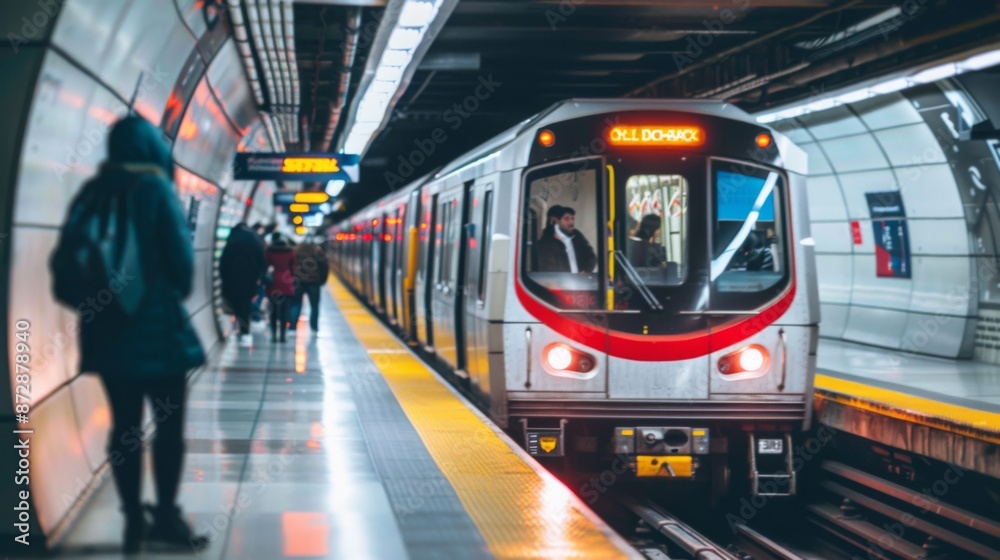 Poster A modern subway train entering a station with commuters waiting on the platform