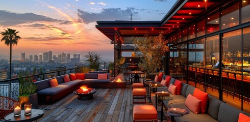 Rooftop Lounge With Cityscape Views and Fire Pit in Los Angeles