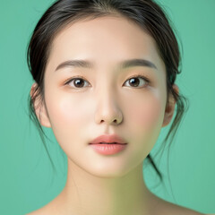 Fototapeta premium Closeup portrait of young Asian beautiful woman with Korean beauty make up style and healthy and perfect skin isolated on pink background for skincare commercial product advertising.