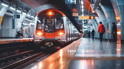 Obraz premium A modern subway train entering a station with commuters waiting on the platform