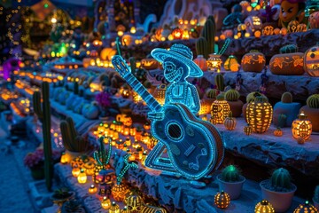 Fototapeta premium Vibrant Dia de los Muertos celebration with colorful lights and festive decorations, showcasing Mexican culture and lively artistry in a detailed, dynamic photograph.