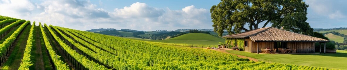 picturesque vineyard landscape with farmhouse and rolling hills, idyllic rural scene in sunny weather.