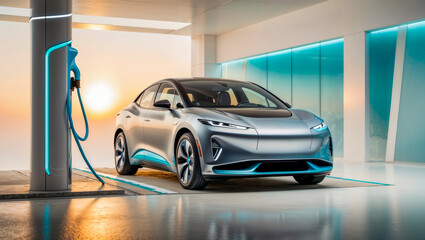 Electric car parked in a modern and bright garage in front of an electric charging station, conceptual idea of green energy from sustainable sources