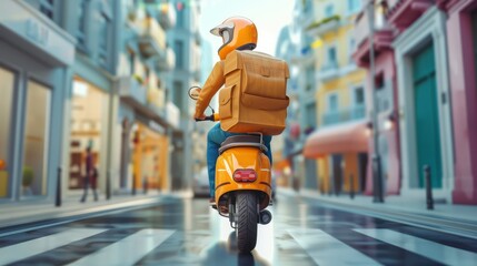 Delivery man on scooter driving on the street of city