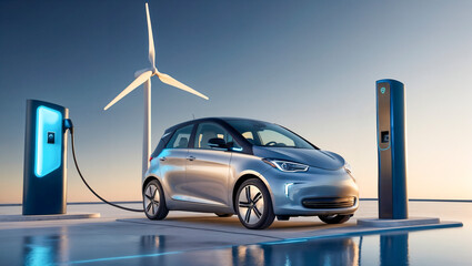 Electric car parked next to an electric charging station, wind turbine in the background, modern and conceptual idea of green energy from sustainable sources