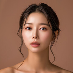 Closeup portrait of young Asian beautiful woman with Korean beauty make up style and healthy and perfect skin isolated on pink background for skincare commercial product advertising.