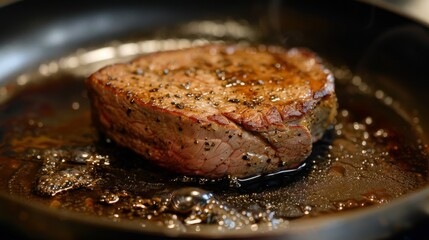 A non-stick frying pan with a perfectly seared steak, ready to be served