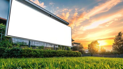 Obraz premium Blank white billboard on a house lawn, vibrant green grass, and a picturesque sunset in the background.