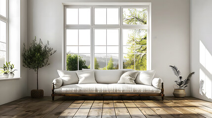 Fototapeta premium A bright room with a white couch adorned with beige pillows 
