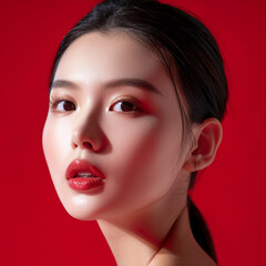 Closeup portrait of young Asian beautiful woman with Korean beauty make up style and healthy and perfect skin isolated on pink background for skincare commercial product advertising.