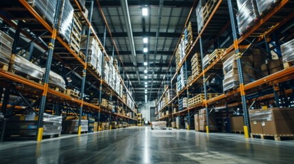 Fototapeta premium A modern, organized warehouse with high shelving units filled with neatly stacked pallets and boxes, illuminated by overhead lighting.