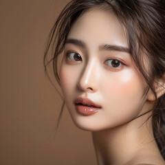 Fototapeta premium Closeup portrait of young Asian beautiful woman with Korean beauty make up style and healthy and perfect skin isolated on pink background for skincare commercial product advertising.