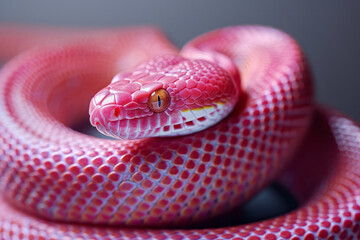 Obraz premium Close-up of a bright pink snake coiled elegantly around a person's neck, with a contrasting gray background.