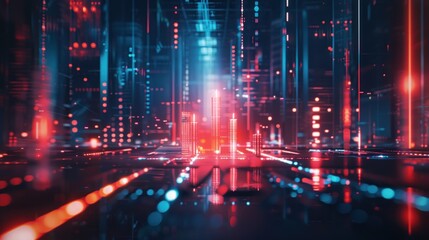 Fototapeta premium Digital Cityscape with Red and Blue Neon Lights