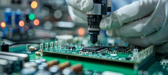 Modern laser machine for microchip manufacture component. Semiconductor chip industry. Generative AI technology.	
