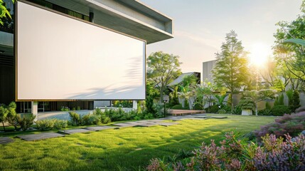 Blank white billboard on a front yard with a beautiful, sunlit garden, modern architecture house in view.