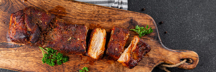 pork ribs fried meat grilled barbecue tasty fresh meal food snack on the table copy space food background rustic top view