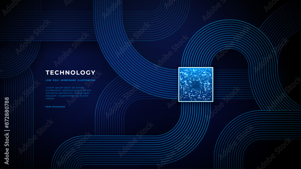 Fototapete Futuristic chip and circuit board on technology background. Brightly glowing pixels on a semiconductor surface. Abstract digital round line flat cable in smooth shapes. Tech bg. Vector illustration.