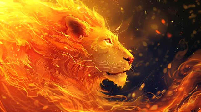 The fiery lion head. Anime or digital painting style, looping 4k video animation background