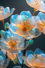 Close-up of overlapping yellow and blue polygonal glass flowers, each with semi-translucent petals on a minimalist white surface,