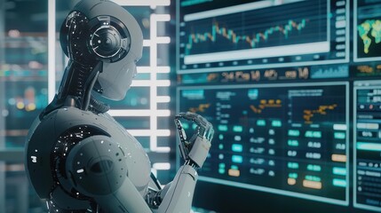 Fototapeta premium AI financial advisor discussing bankruptcy options, futuristic planning, copy space for text,