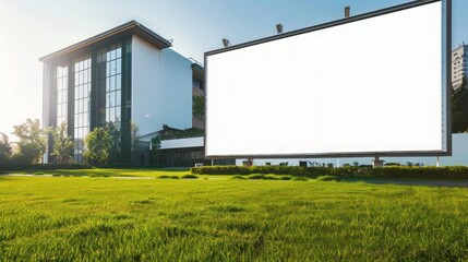Blank white billboard on a front yard, modern house in the background, fresh cut grass, clear sky.