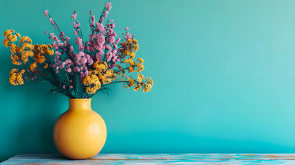 Wooden table with yellow vase with bouquet of field flowers near empty, blank turquoise wall 