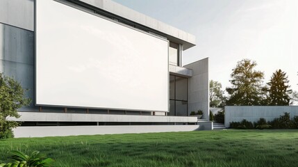 Blank white billboard in the yard of a modern minimalist house, surrounded by pristine green grass.