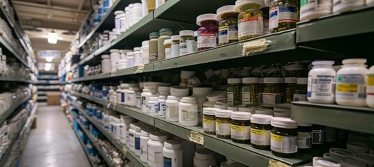 Fototapeta premium Drug medicine pill capsule at store shelf. Healthcare medical treatment concept. Generative AI technology. 