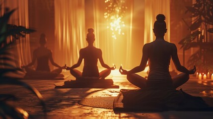Group meditation session with serene atmosphere, soft warm lighting