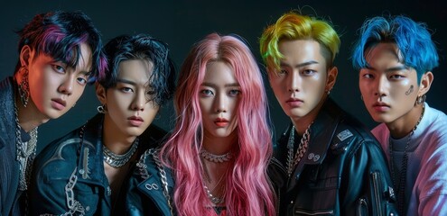 Fototapeta premium K-Pop Group Posing in Fashionable Outfits for a Music Video Shoot