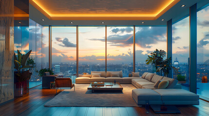 Zoom background: a modern high penthouse living room with large windows