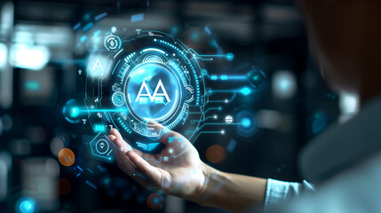 igital technology concept with a hologram virtual screen and an icon of the Aia logo held in hand in a futuristic digital world.