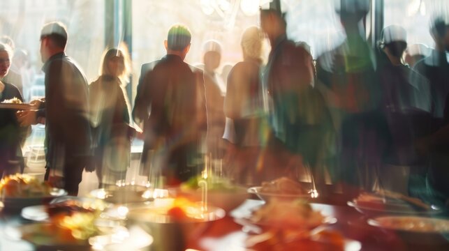 Abstract blurred people socializing during buffet lunch break at business meeting or conference, corporate networking event with diverse attendees mingling, engaging conversations, and professional at - Powered by Adobe