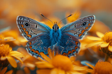 Obraz premium Close-up of a cartoon butterfly with bright blue wings sitting on a cheerful yellow flower, smiling,