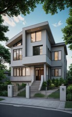 Fototapeta premium A Contemporary Dwelling with Stylish Architecture, Beautiful Exterior Design, and a Serene Garden Setting. Perfect Family Home in a Residential Neighborhood, Featuring Thoughtful Construction