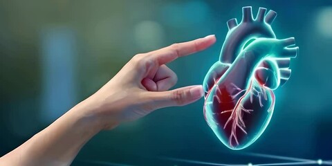 A human hand reaching or touching a digital heart symbolizing medical care and health check ups in cardiology for all ages