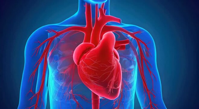Detailed illustration of a human heart with red veins on blue skin and visible capillaries showing anatomical and medical concept