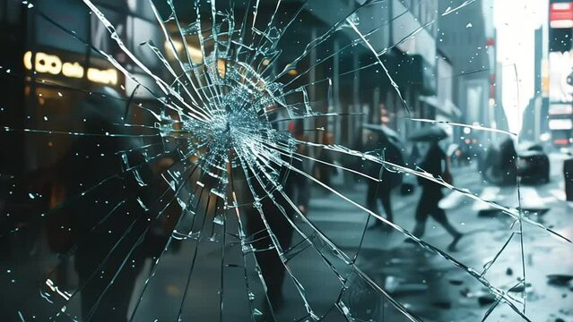 Close-up of bulletproof glass test, safety features, fracture pattern
