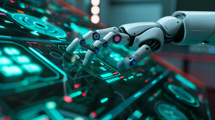 Robotic hand interacting with futuristic digital interface. Cybernetic arm touches holographic display, controlling advanced technology. Neon lights illuminate high-tech environment
