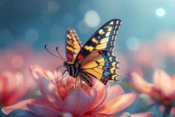 Close-up of a cartoon butterfly with yellow and black wings on a pink peony, with a happy sky background,