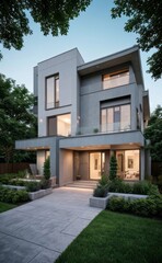 Fototapeta premium A Contemporary Dwelling with Stylish Architecture, Beautiful Exterior Design, and a Serene Garden Setting. Perfect Family Home in a Residential Neighborhood, Featuring Thoughtful Construction