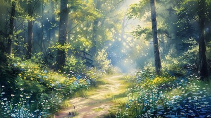 Fototapeta premium Illustrate an oil painting of a tranquil forest path in spring, with blooming wildflowers, tall trees, and dappled sunlight filtering through the canopy.