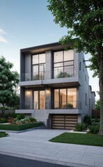 Fototapeta premium A Contemporary Dwelling with Stylish Architecture, Beautiful Exterior Design, and a Serene Garden Setting. Perfect Family Home in a Residential Neighborhood, Featuring Thoughtful Construction