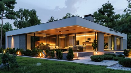 Modern House with Warm Lighting and Lush Greenery
