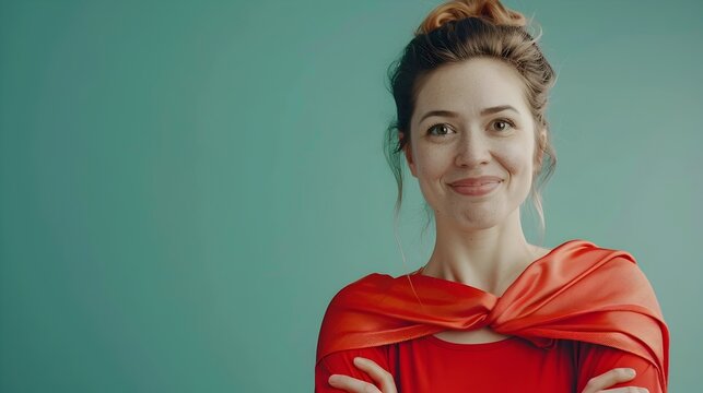 Confident Superhero Mother Smiling in Neo Pop Commercial Style on Mint Green Background