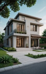 Fototapeta premium A Contemporary Dwelling with Stylish Architecture, Beautiful Exterior Design, and a Serene Garden Setting. Perfect Family Home in a Residential Neighborhood, Featuring Thoughtful Construction