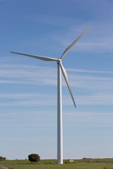 Closeup of a wind turbine in a renewable energy park
