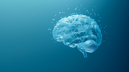 3D rendering of a transparent human brain made from water drops on a blue background, in the concept for artificial intelligence and neural networks